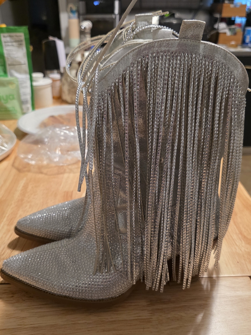 Ouepiano Silver Fringe Pointed Ankle Boots for Women